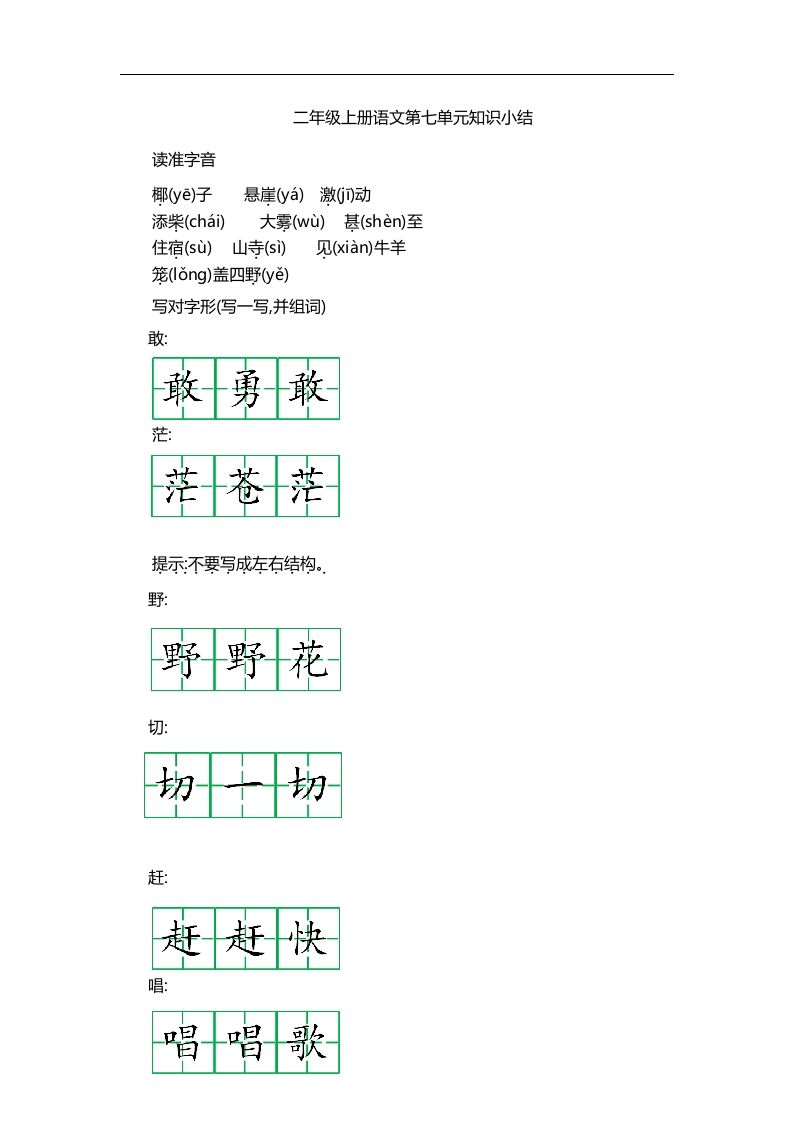 二上语文第七单元知识重点_练习题|试卷|知识点|复习提纲