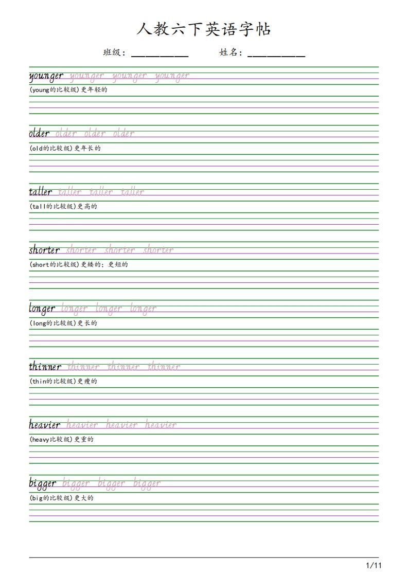 【字帖】人教pep版六下英语字帖（11页）_练习题|试卷|知识点|复习提纲