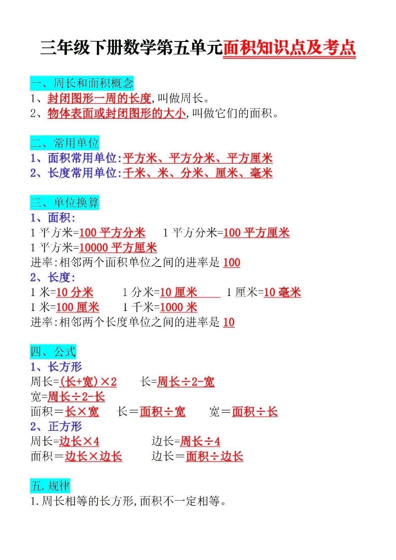 三下数学面积知识点与考点_练习题|试卷|知识点|复习提纲