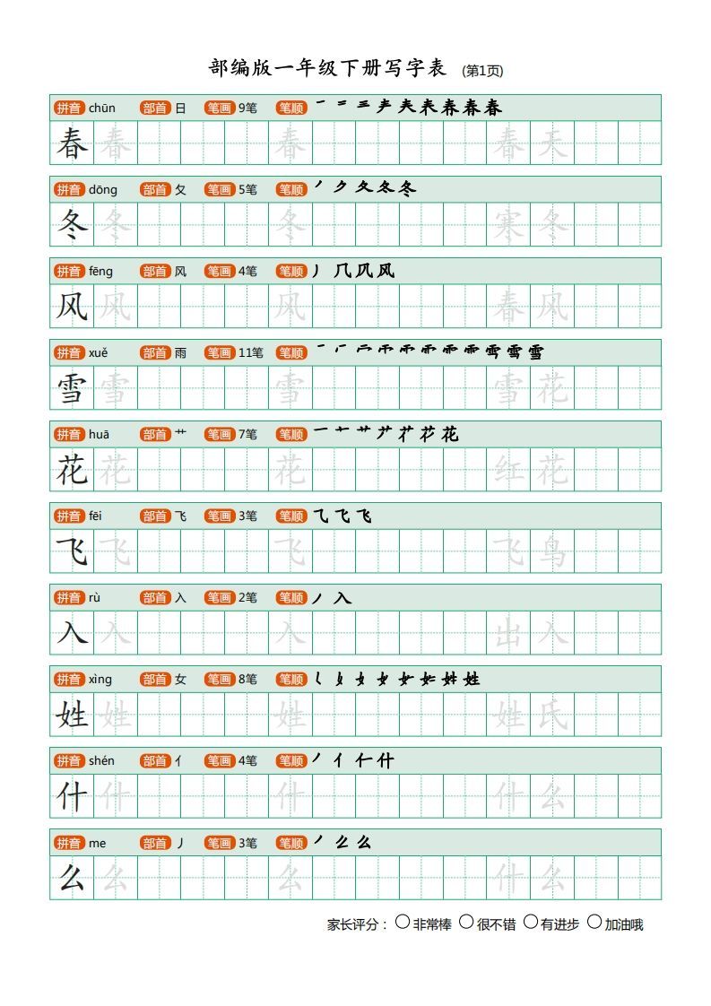 一年级语文下册写字表描红(含拼音笔顺词组)（20页）PDF（部编版）_练习题|试卷|知识点|复习提纲