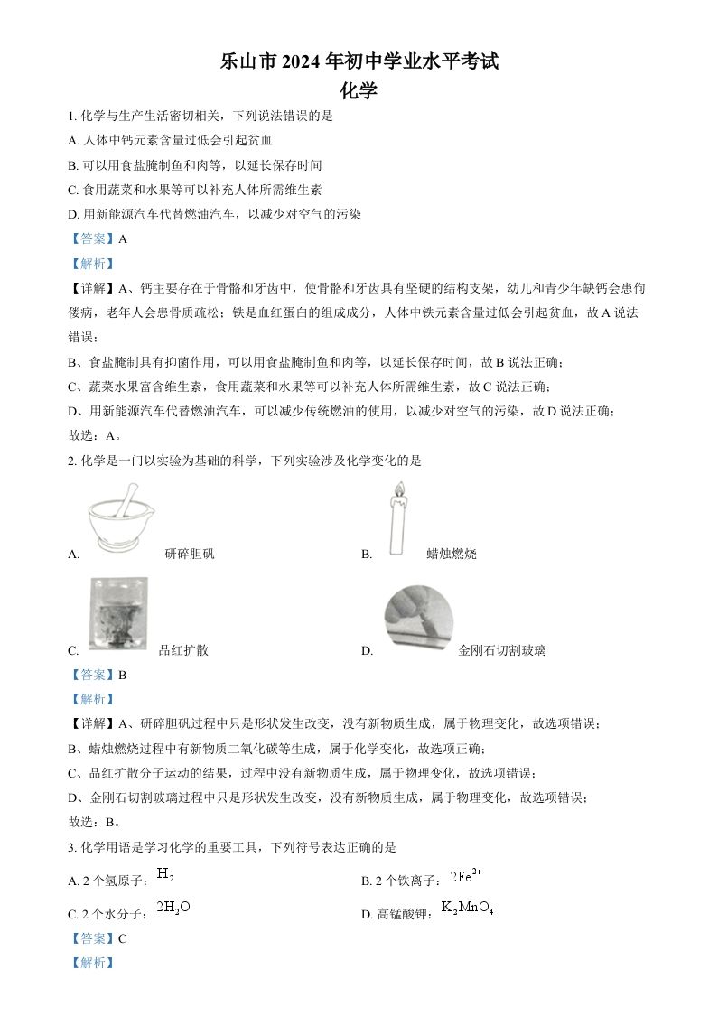 2024年四川省乐山市中考化学真题（含答案）_练习题|试卷|知识点|复习提纲