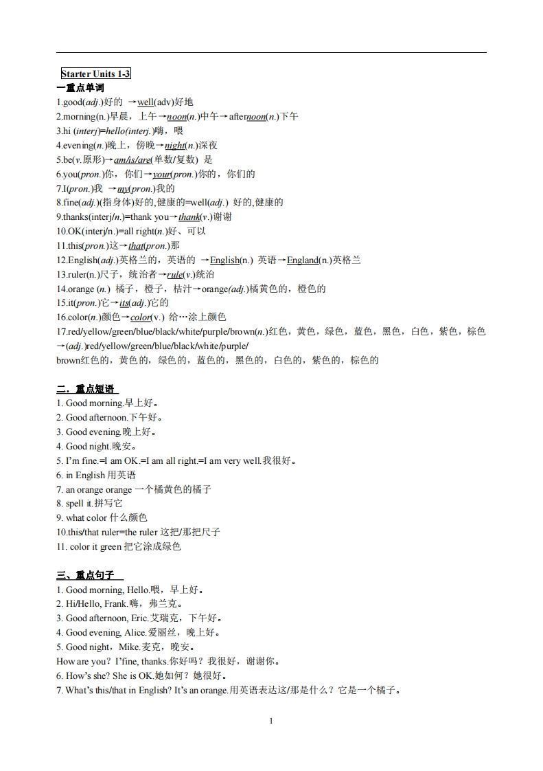 3.人教版七年级上英语StarterUnits1-3复习提纲_练习题|试卷|知识点|复习提纲
