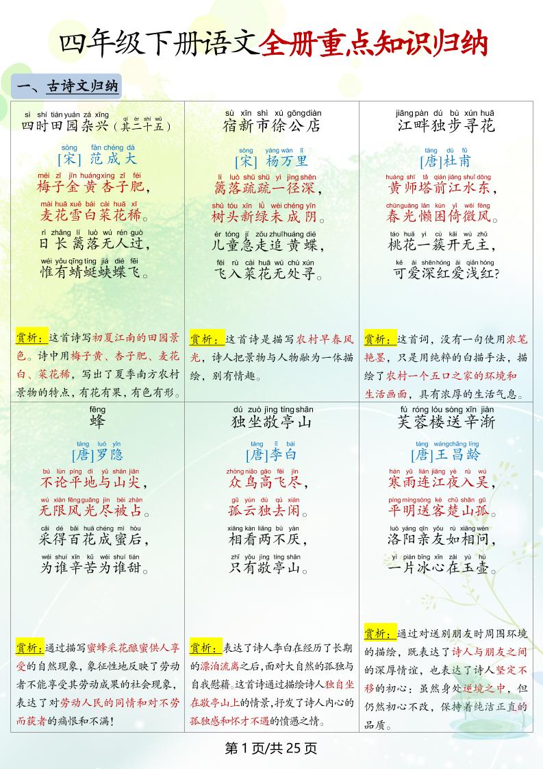 四下语文全册重点知识归纳_练习题|试卷|知识点|复习提纲