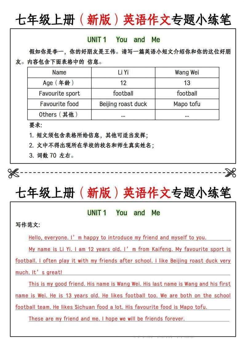 七年级上册（新版）英语作文专题小练笔_练习题|试卷|知识点|复习提纲