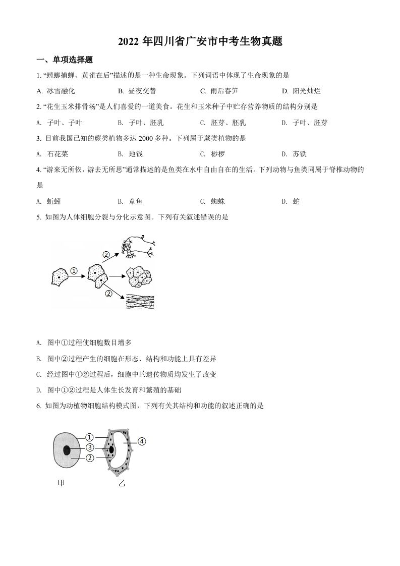 2022年四川省广安市中考生物真题（空白卷）_练习题|试卷|知识点|复习提纲