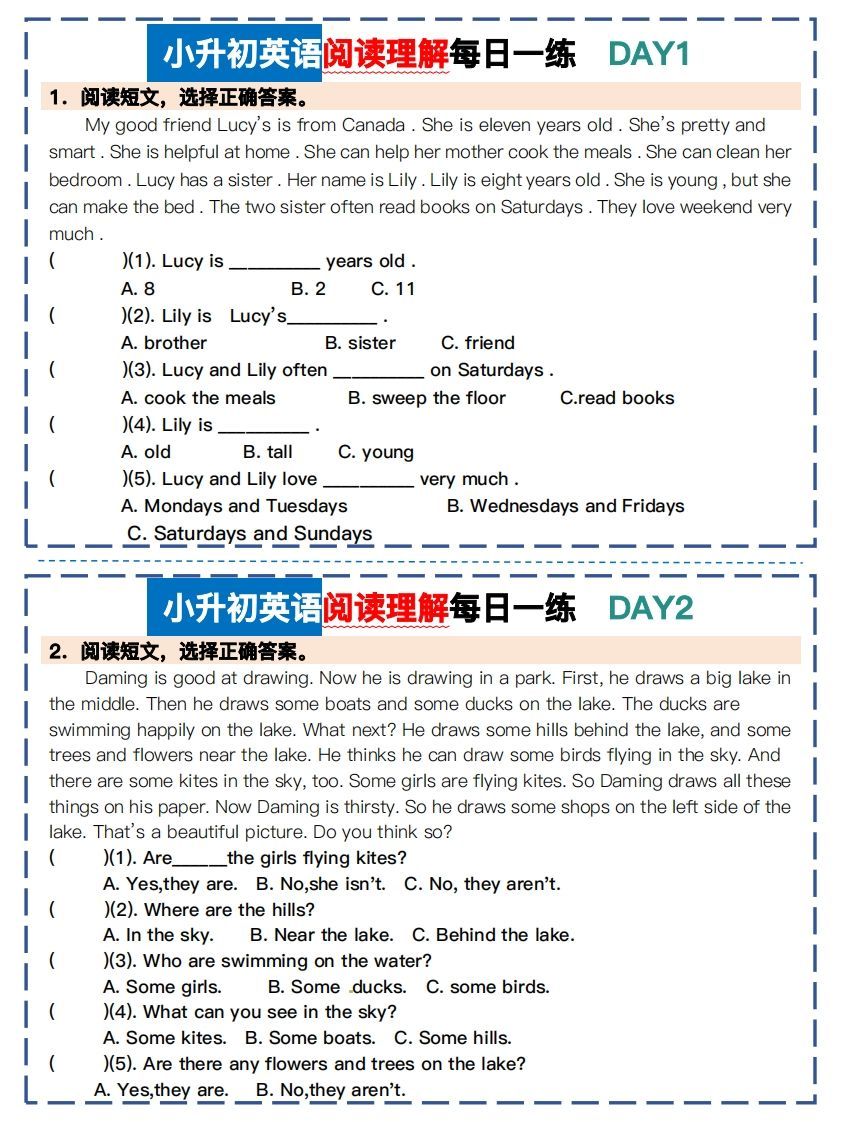 小升初英语阅读理解每日一练_练习题|试卷|知识点|复习提纲