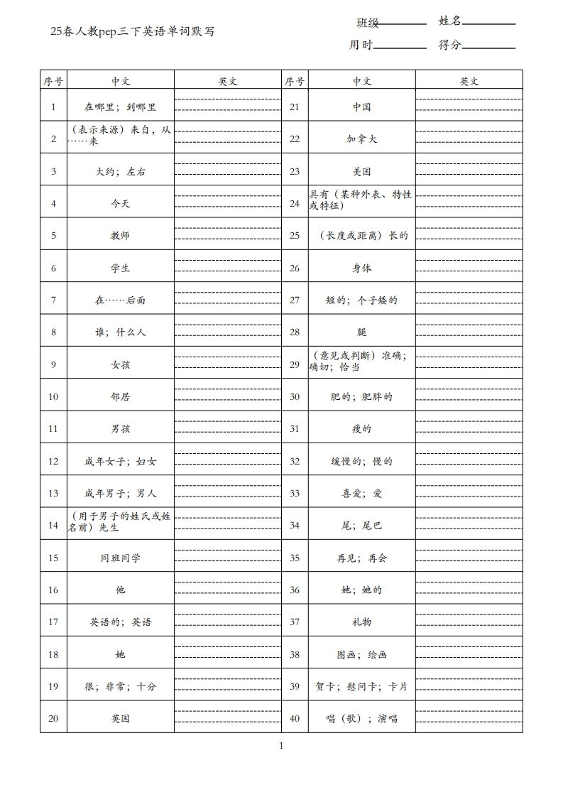 25春人教pep三下英语单词默写表（3页）_练习题|试卷|知识点|复习提纲