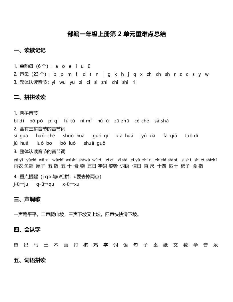一年级语文上册-第2单元重难点知识总结（部编版）_练习题|试卷|知识点|复习提纲