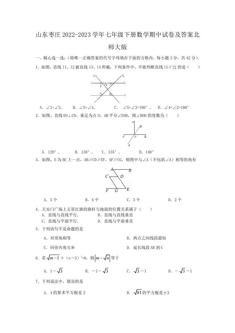 山东枣庄2022-2023学年七年级下册数学期中试卷及答案北师大版(Word版)_练习题|试卷|知识点|复习提纲