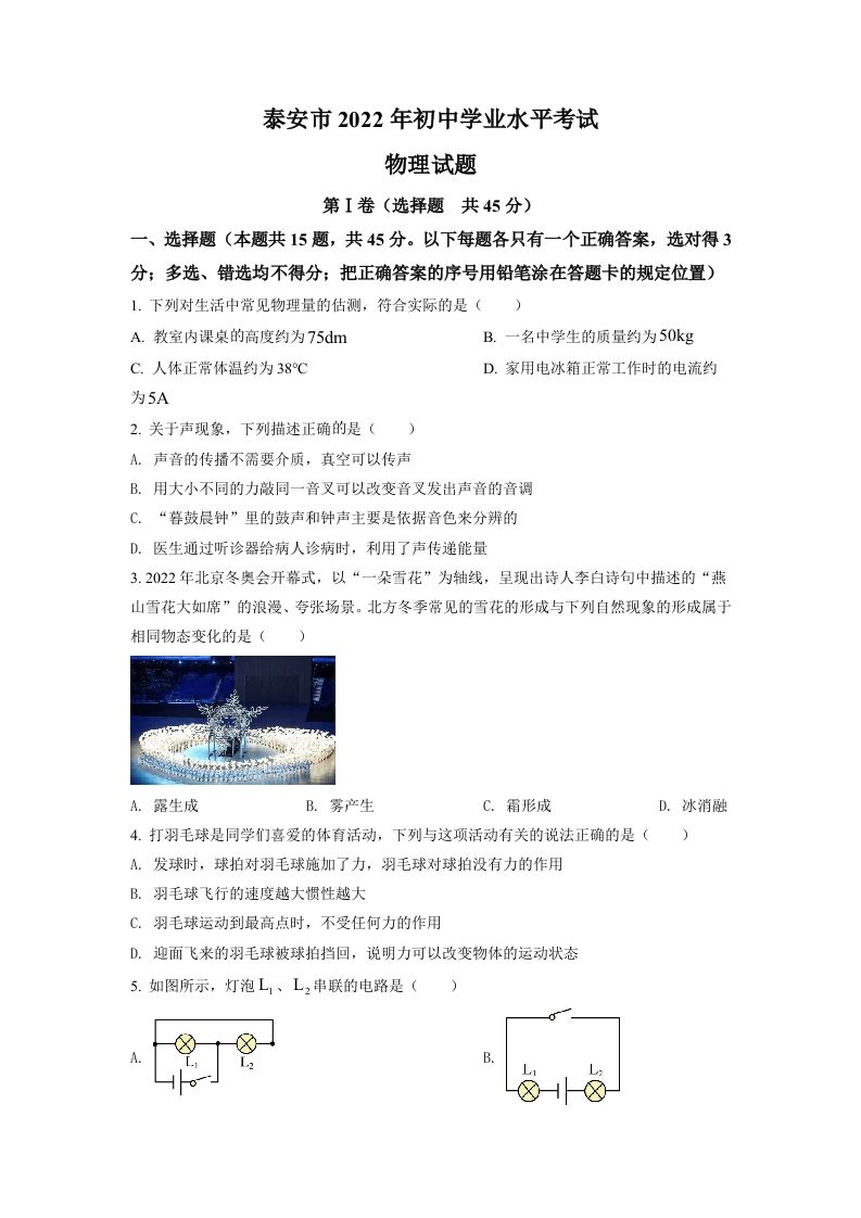 2022年山东省泰安市中考物理真题（空白卷）_练习题|试卷|知识点|复习提纲