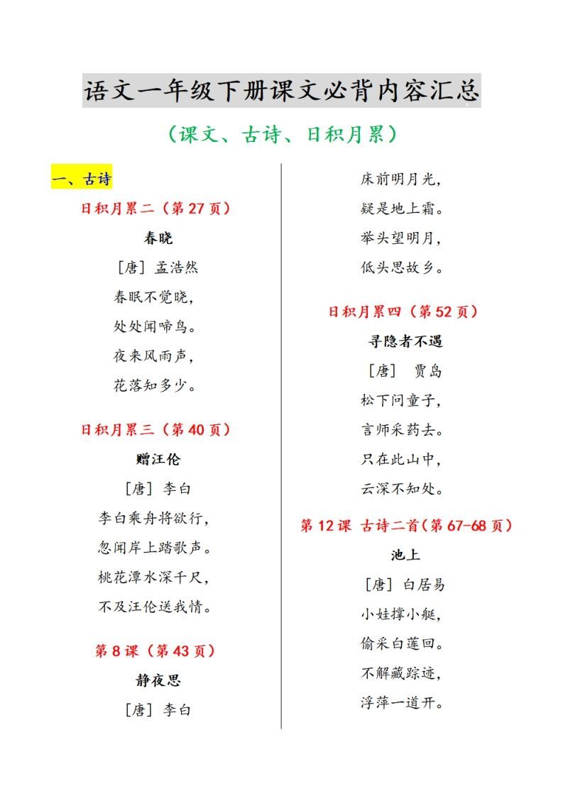 一下语文课文必背内容汇总（课文、古诗、日积月累）_练习题|试卷|知识点|复习提纲