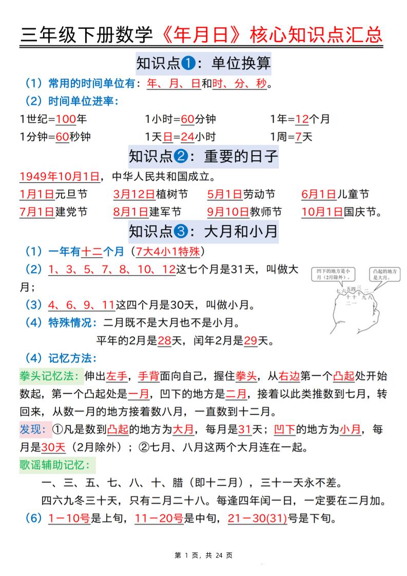 三下数学《年月日》核心知识点汇总+计算技巧+六大考点必刷题（练习+答案24页）_练习题|试卷|知识点|复习提纲