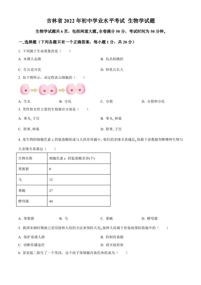 2022年吉林省大安市中考生物真题（空白卷）(1)_练习题|试卷|知识点|复习提纲