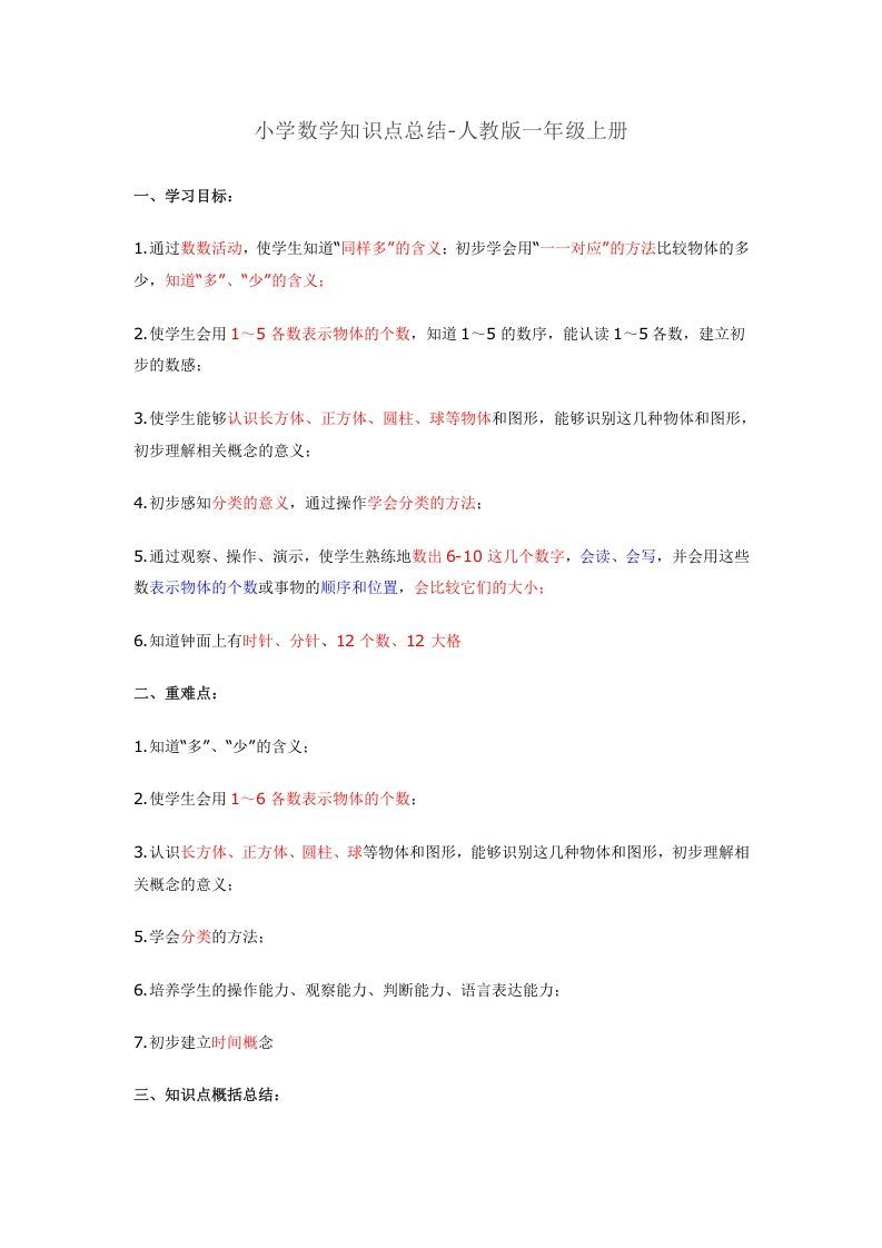 一年级数学上册知识点总结（人教版）_练习题|试卷|知识点|复习提纲