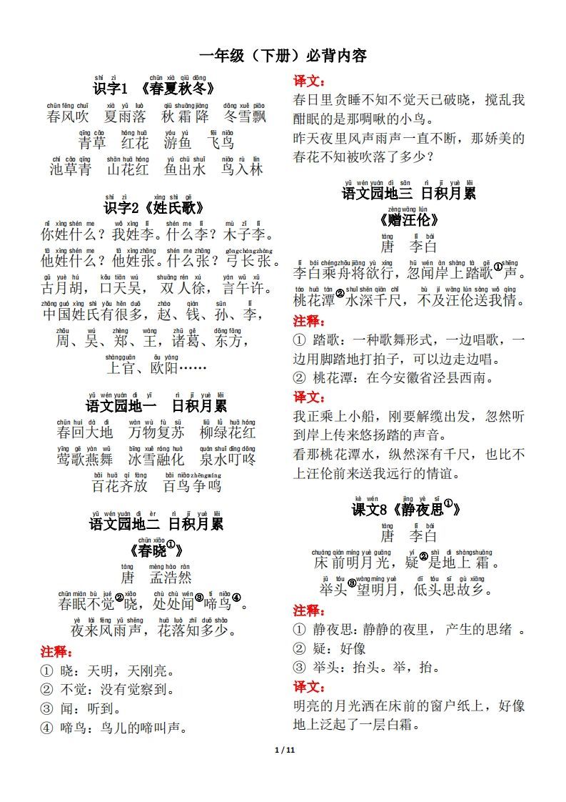 一年级（下册）背诵默写（古诗+课文+日积月累）_练习题|试卷|知识点|复习提纲