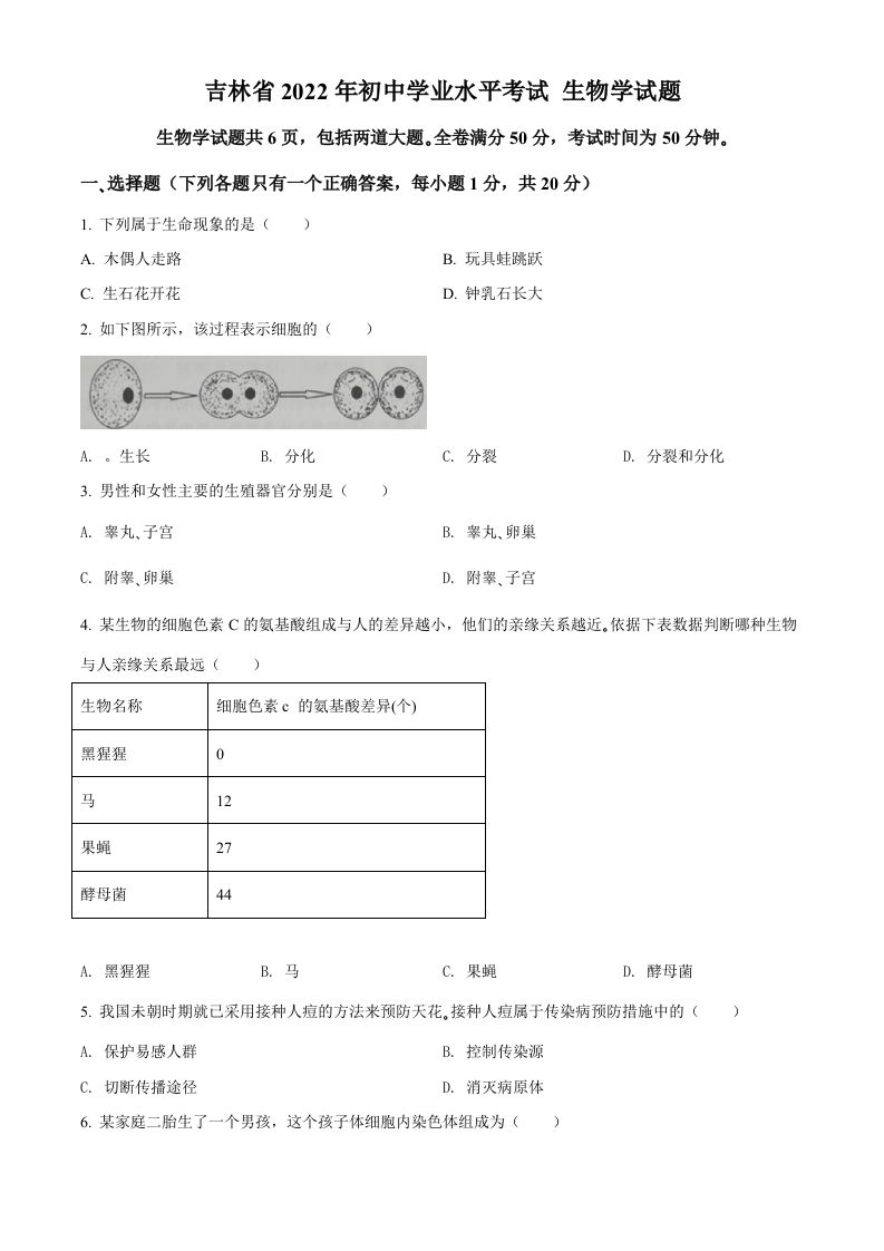 2022年吉林省大安市中考生物真题（空白卷）_练习题|试卷|知识点|复习提纲
