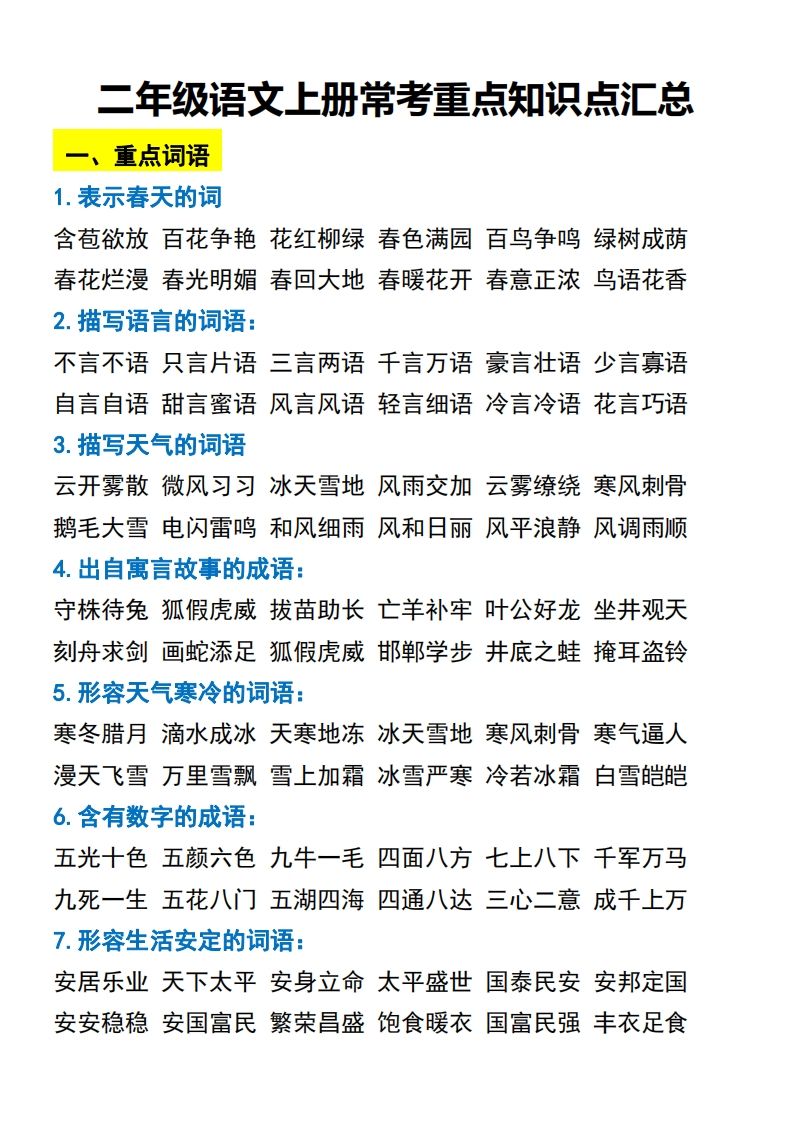 二年级语文上册常考重点知识点汇总必背_练习题|试卷|知识点|复习提纲