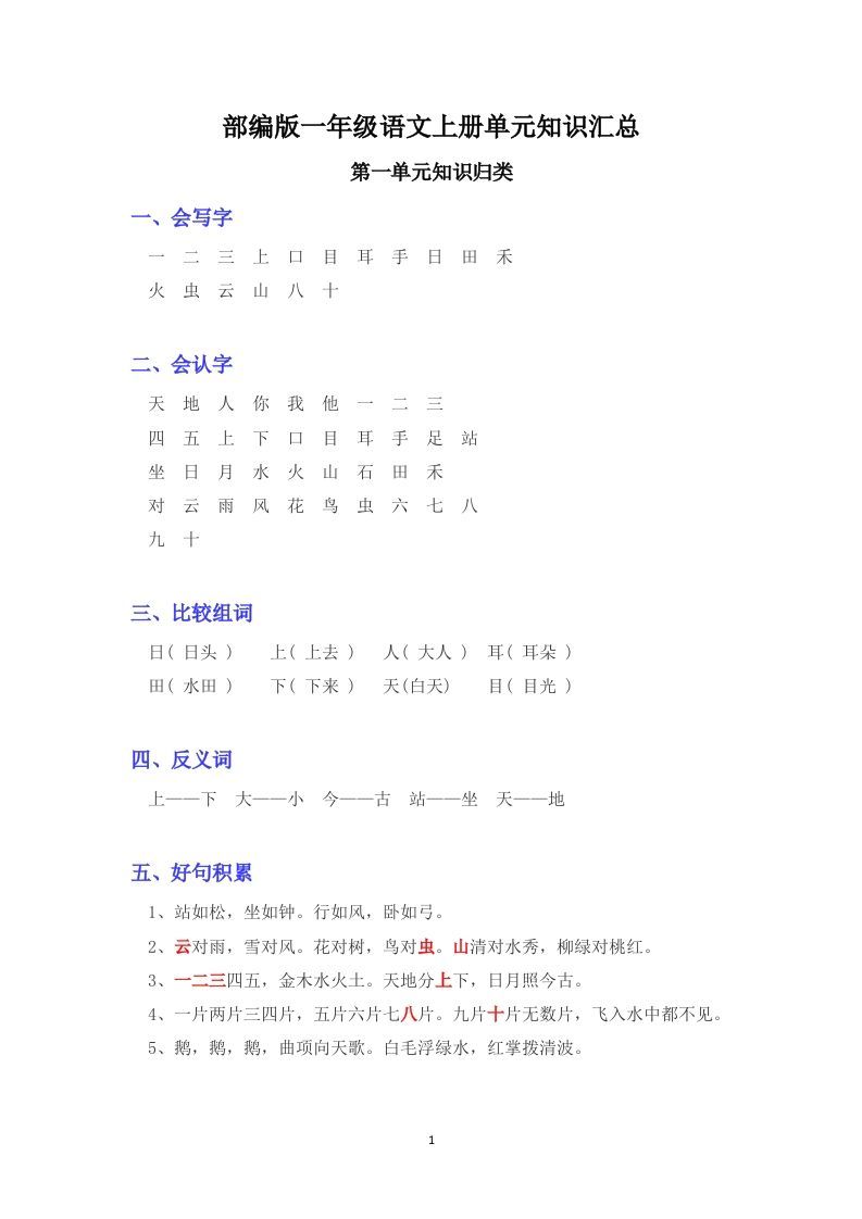 部编版版一年级上册语文日积月累_练习题|试卷|知识点|复习提纲
