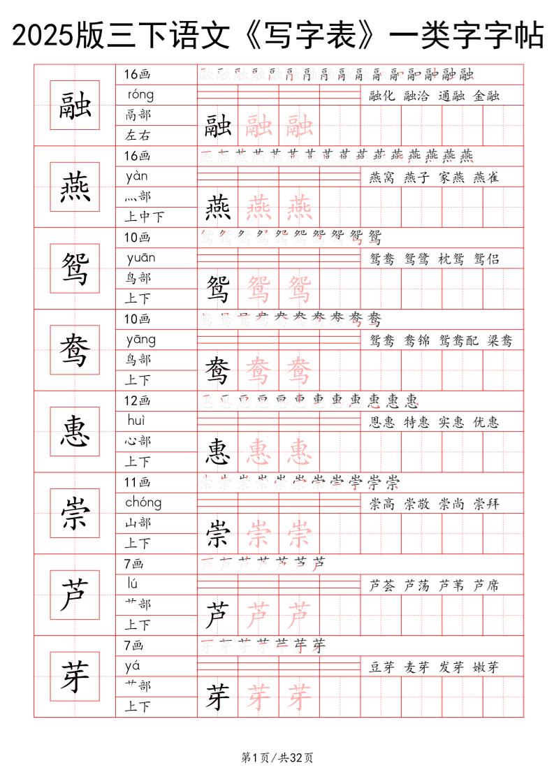 25版三下语文《写字表》一类字字帖32页_练习题|试卷|知识点|复习提纲