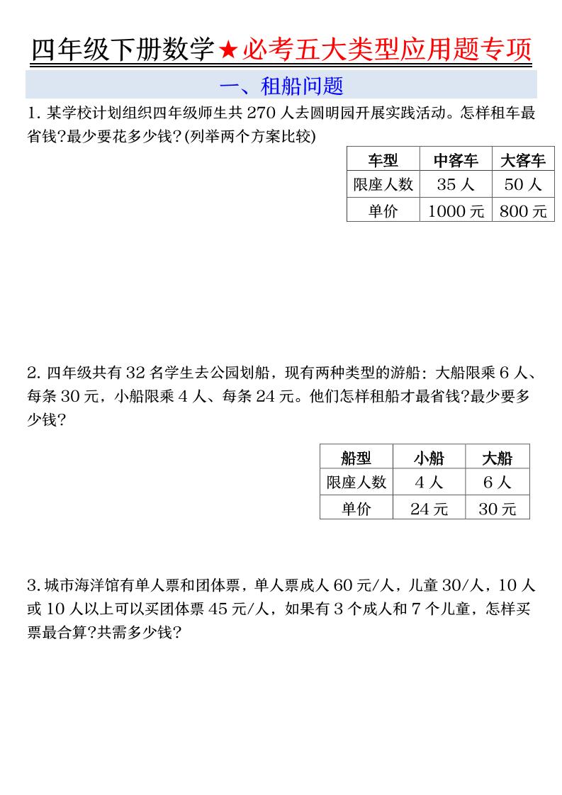 四下数学期末必考五大类型应用题（有答案）_练习题|试卷|知识点|复习提纲