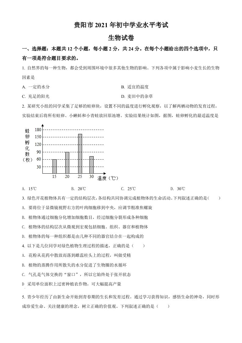 贵州省贵阳市2021年中考生物试题（空白卷）_练习题|试卷|知识点|复习提纲