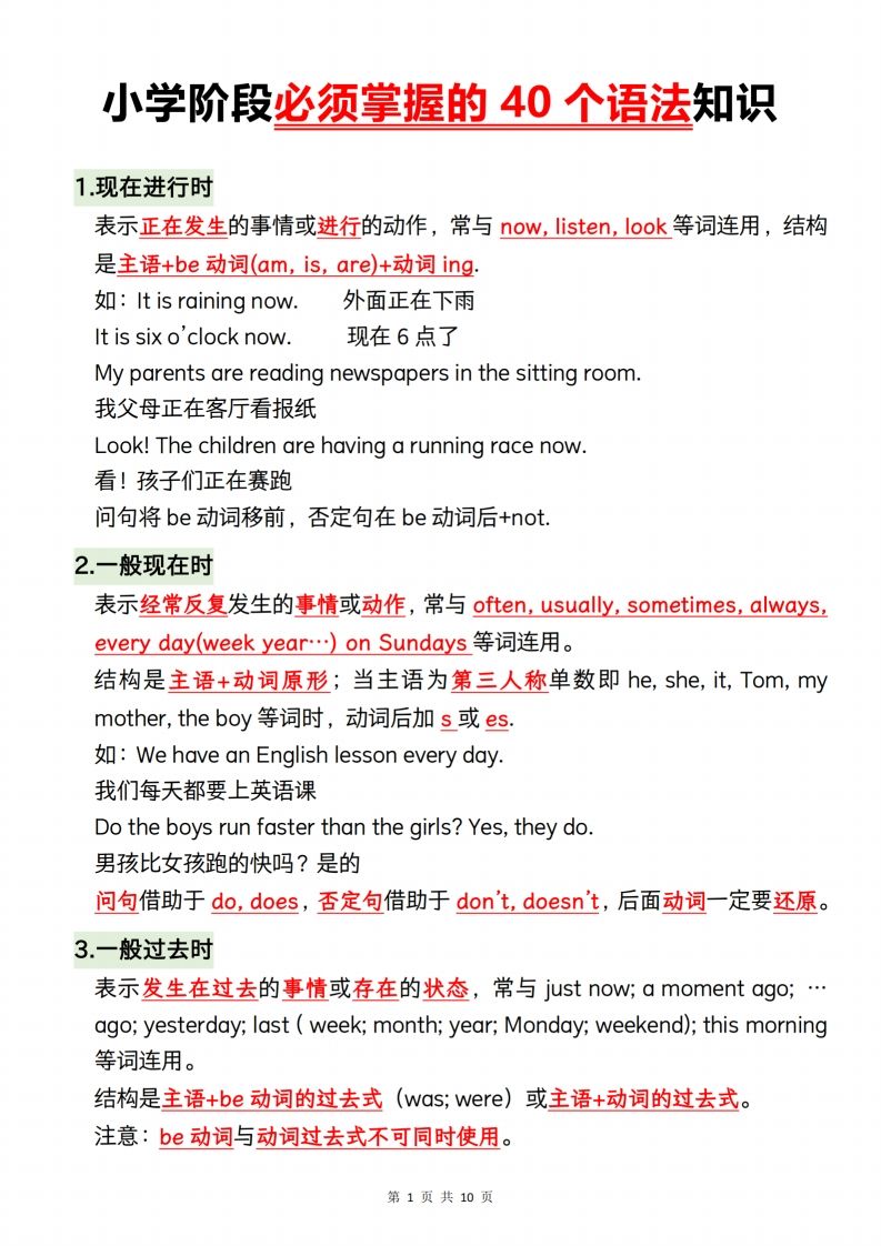小升初英语【小学阶段必须掌握的40个语法知识】_练习题|试卷|知识点|复习提纲