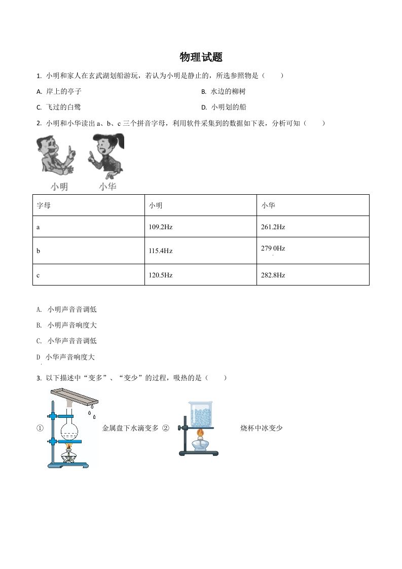 江苏省南京市2021年中考物理试题（空白卷）_练习题|试卷|知识点|复习提纲