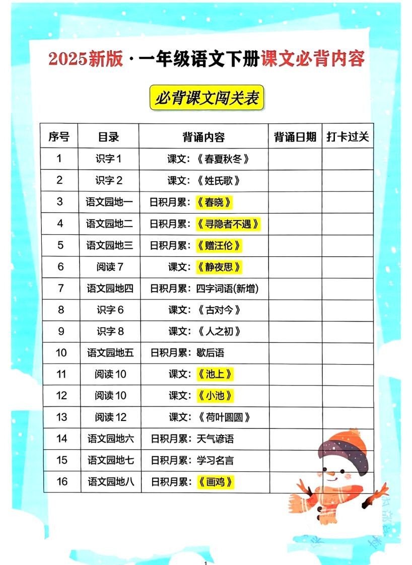一年级下册语文必背课文_纯图版_练习题|试卷|知识点|复习提纲