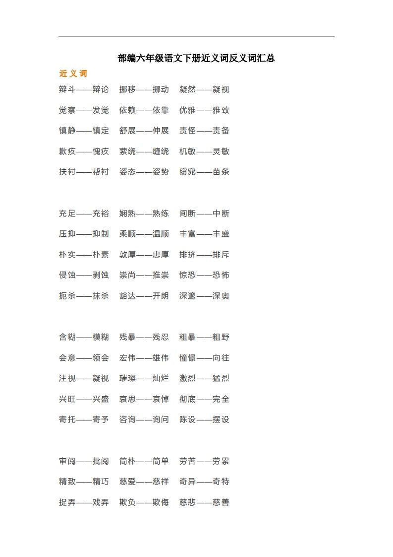 六年级语文下册近义词反义词汇总（部编版）_练习题|试卷|知识点|复习提纲