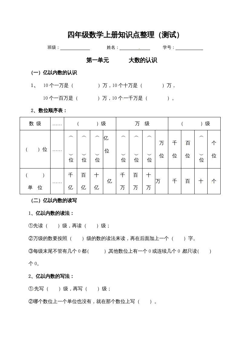四年级数学上册【必考知识点】知识点整理（第1～2单元）（人教版）_练习题|试卷|知识点|复习提纲