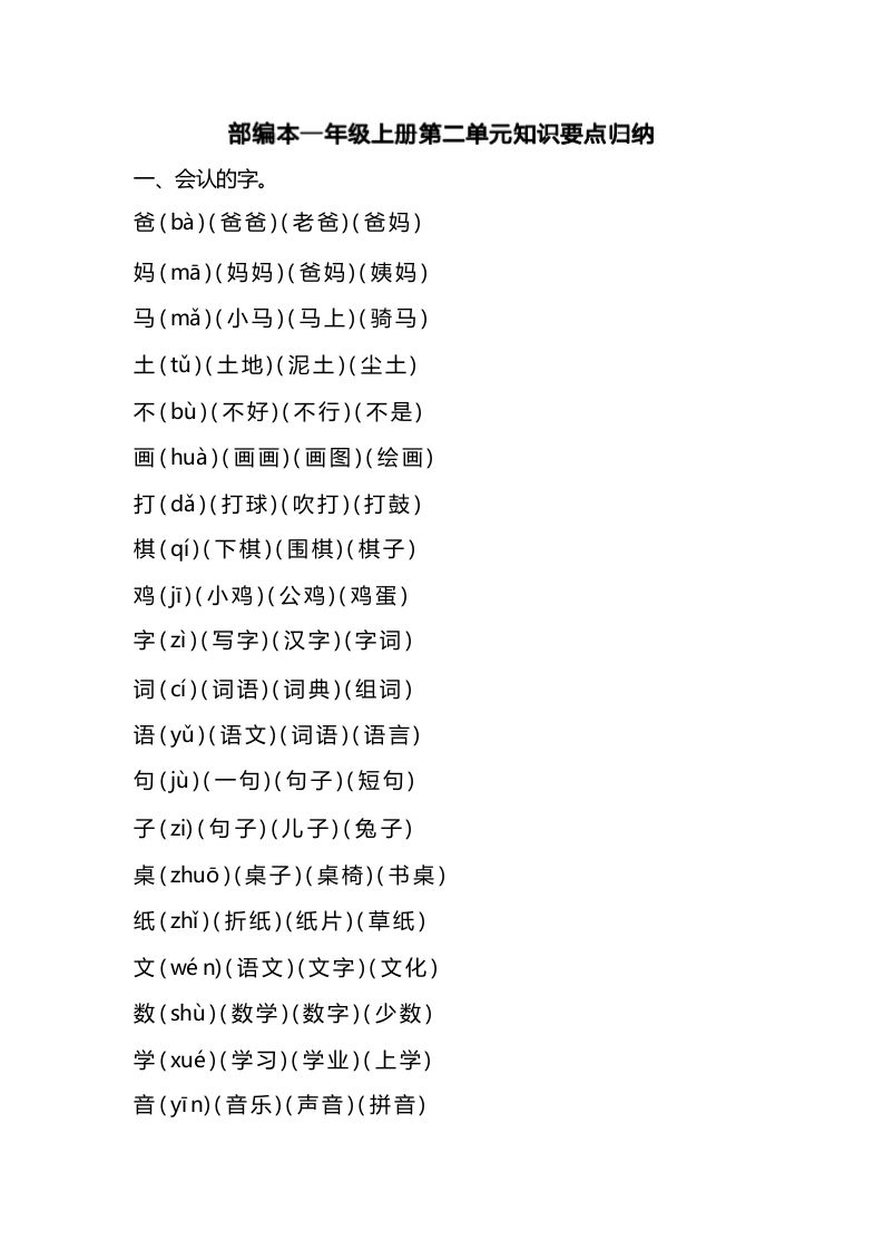 一年级语文上册第二单元识要点归纳（部编版）_练习题|试卷|知识点|复习提纲