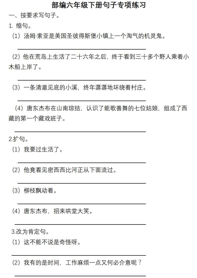 6年级句子专项练习_练习题|试卷|知识点|复习提纲