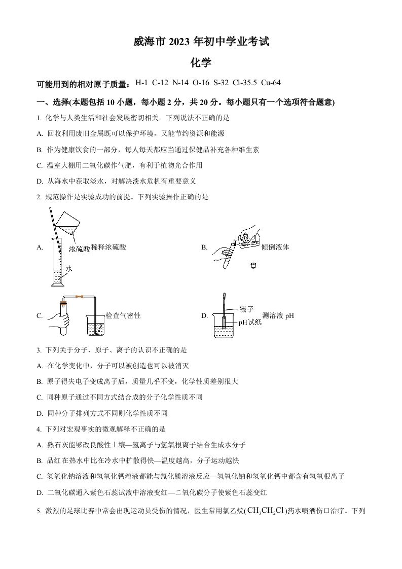 2023年山东省威海市中考化学真题（空白卷）_练习题|试卷|知识点|复习提纲