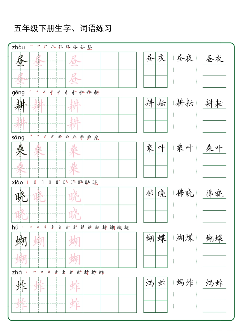 五年级下册语文生字词语练字（30页秋版）_练习题|试卷|知识点|复习提纲