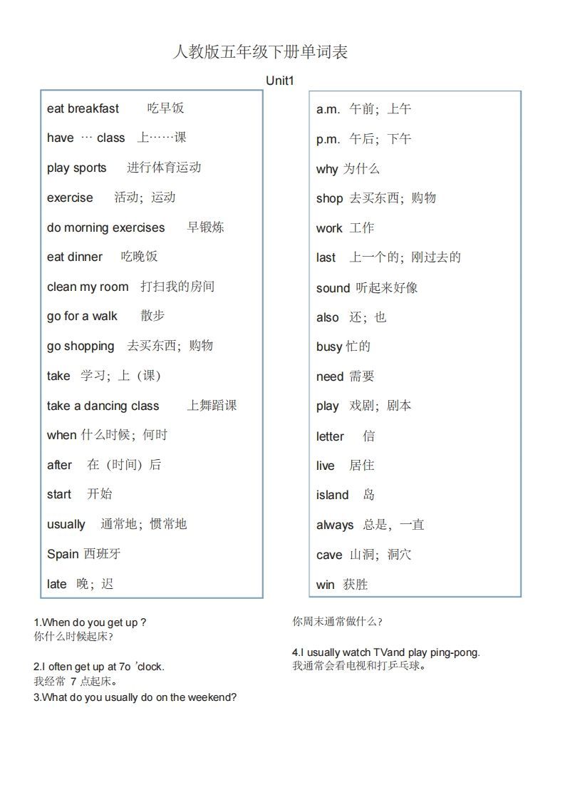 五年级英语下册单词表1（人教PEP版）_练习题|试卷|知识点|复习提纲