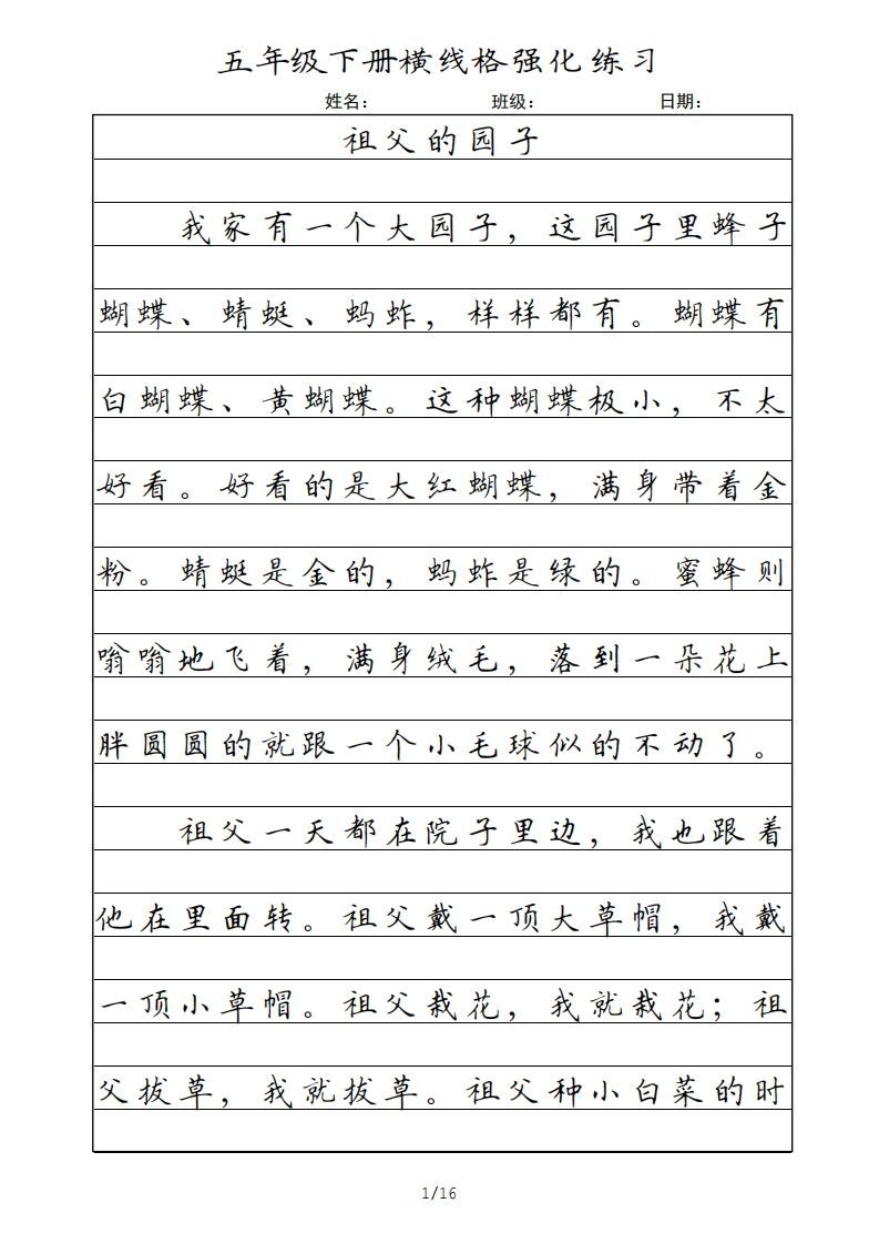 五年级语文下册横线格（部编版）_练习题|试卷|知识点|复习提纲