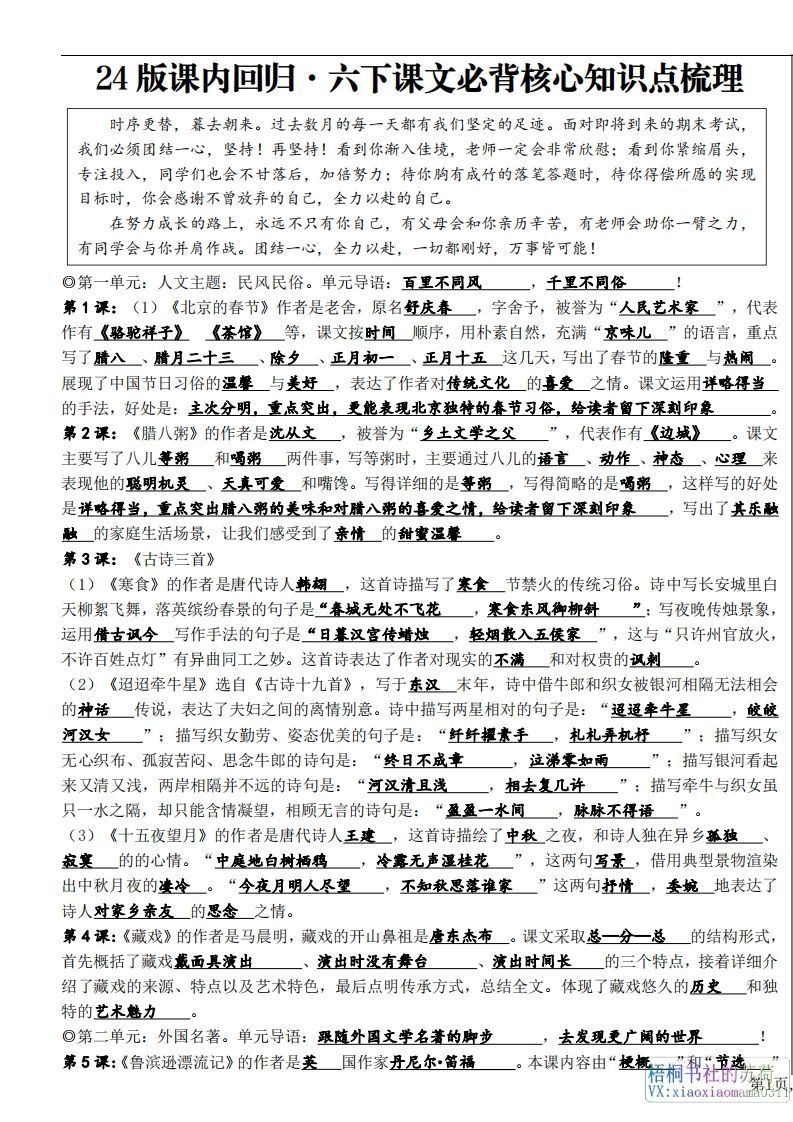 六年级下册课文必背核心知识点梳理_练习题|试卷|知识点|复习提纲