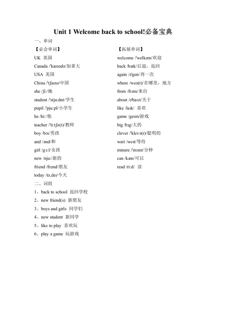 三年级英语下册人教版PEPUnit1Welcomebacktoschool必备复习宝典（知识总结+巩固练习+答案）_练习题|试卷|知识点|复习提纲