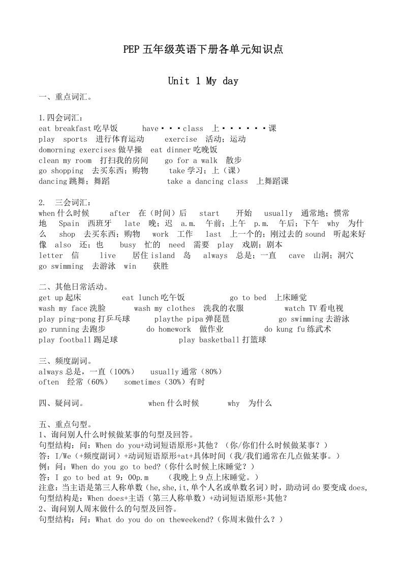 五年级英语下册五英下知识点21页（人教PEP版）_练习题|试卷|知识点|复习提纲