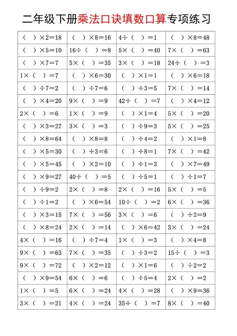 二下数学【乘法口诀和混合运算专项练习】_练习题|试卷|知识点|复习提纲