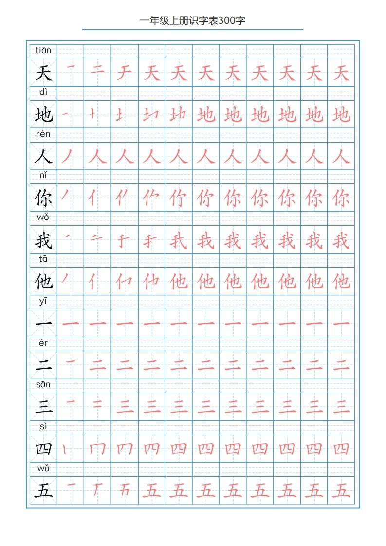 一年级语文上册识字表字帖（300字29页）PDF（部编版）_练习题|试卷|知识点|复习提纲