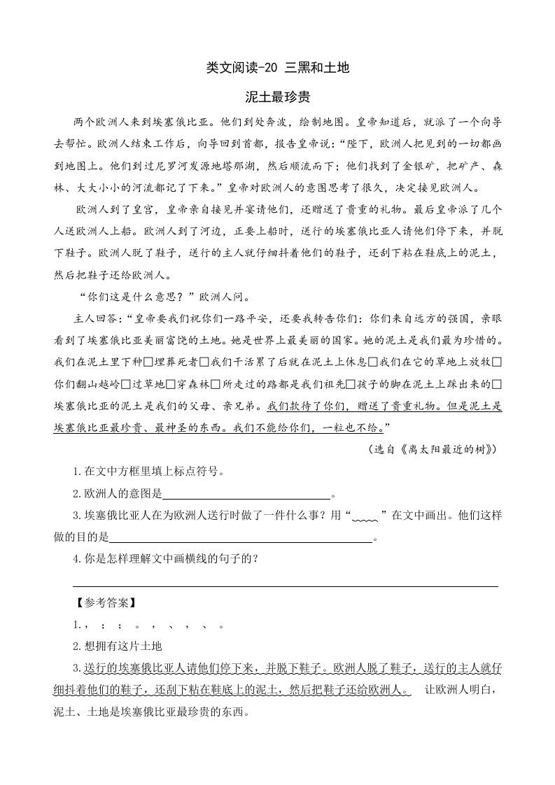 六年级语文上册类文阅读20三黑和土地（1）（部编版）_练习题|试卷|知识点|复习提纲