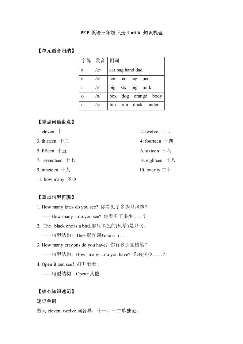 三年级英语下册单元知识梳理-Unit6Howmany人教PEP_练习题|试卷|知识点|复习提纲