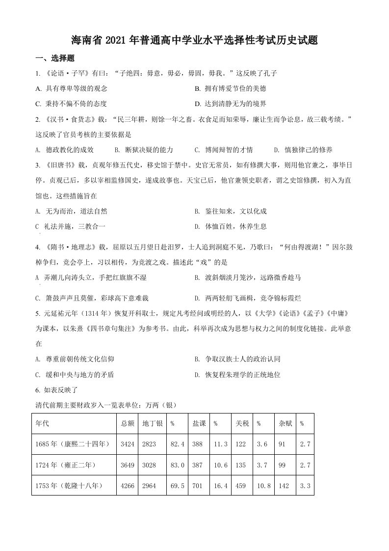 2021年高考历史试卷（海南）（空白卷）_练习题|试卷|知识点|复习提纲