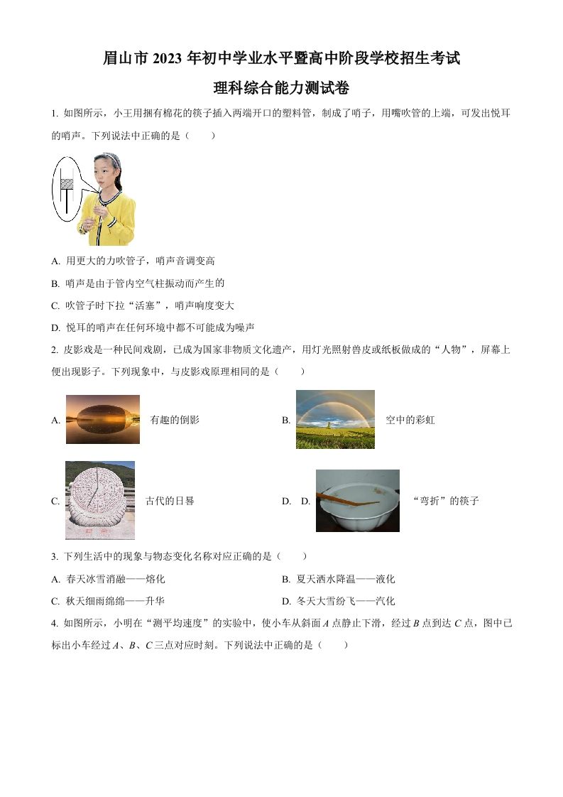 2023年四川省眉山市中考理综物理试题（空白卷）_练习题|试卷|知识点|复习提纲