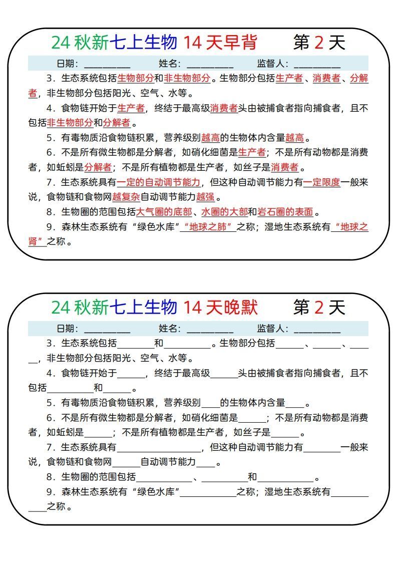 图片[2]_24秋新七上生物14天早背晚默_练习题|试卷|知识点|复习提纲