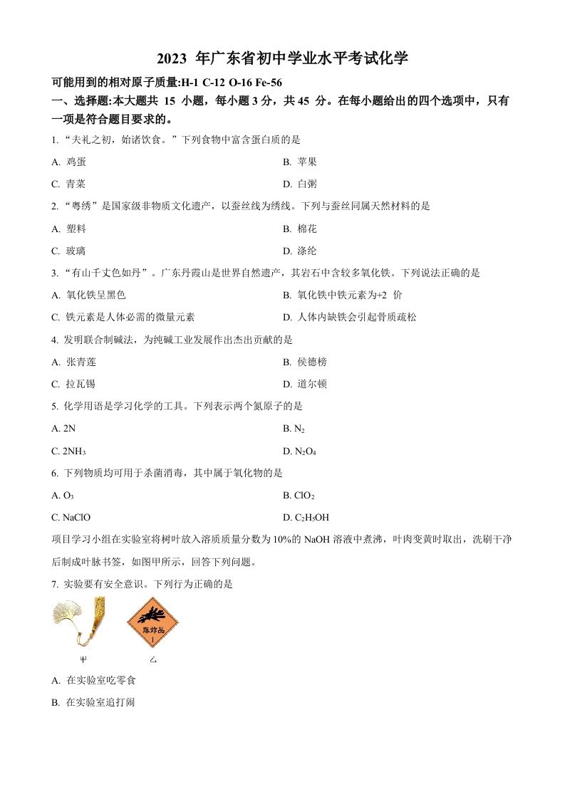 2023年广东省中考化学真题（空白卷）_练习题|试卷|知识点|复习提纲