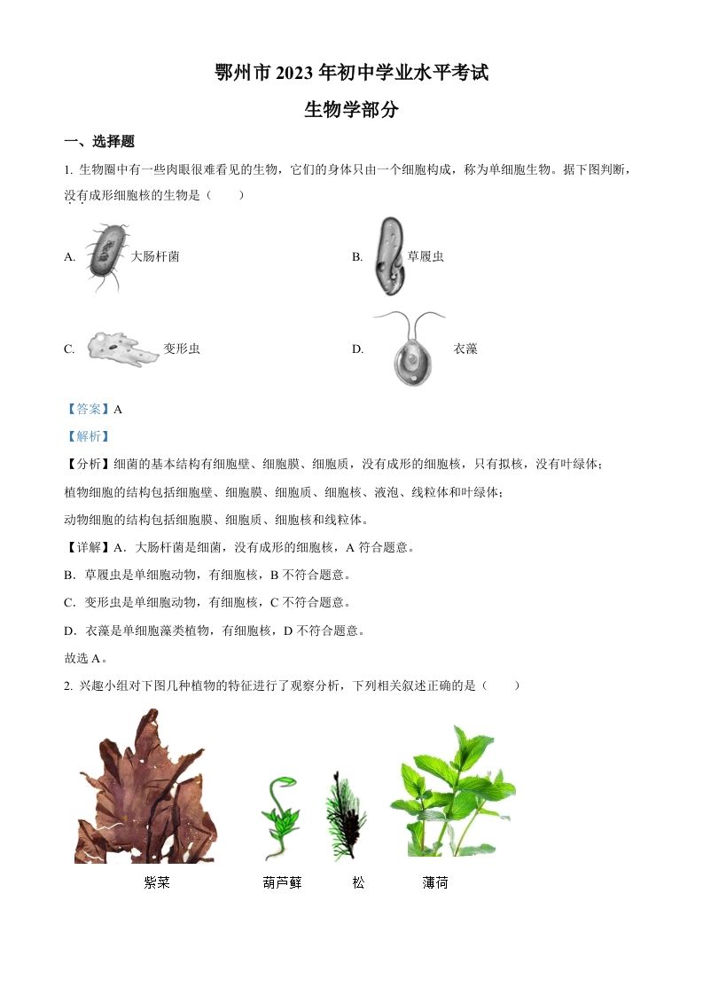 2023年湖北省鄂州市中考生物真题（含答案）_练习题|试卷|知识点|复习提纲