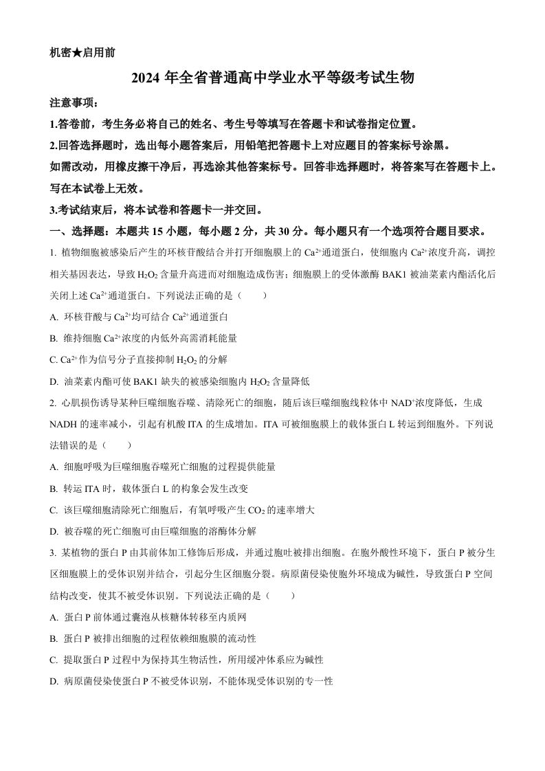 2024年高考生物试卷（山东）（空白卷）_练习题|试卷|知识点|复习提纲