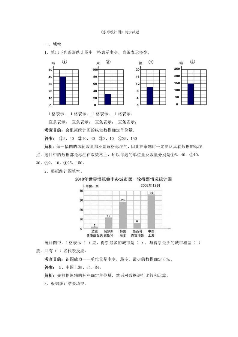 四年级数学上册同步测试及解析-条形统计图（人教版）_练习题|试卷|知识点|复习提纲